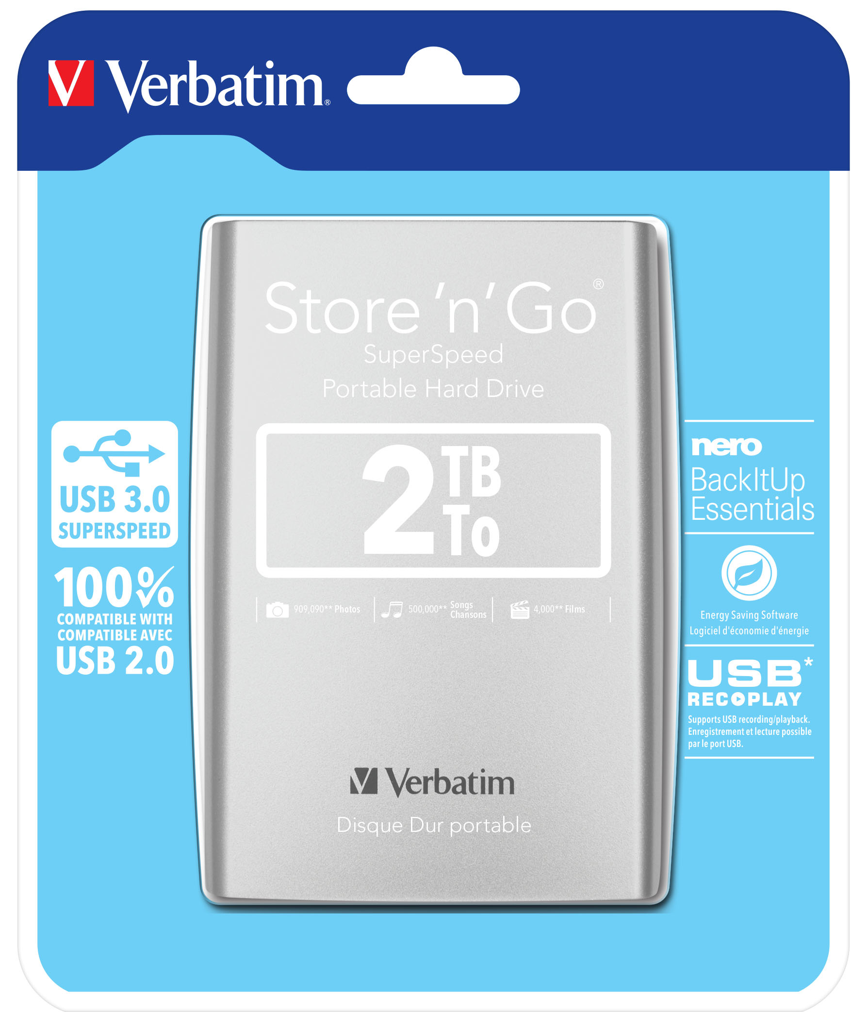 Besmettelijke ziekte Toerist Kreet Verbatim Draagbare vaste Store 'n' Go-schijf met USB 3.0 van 2 TB Zilver  (53189) kopen » Centralpoint