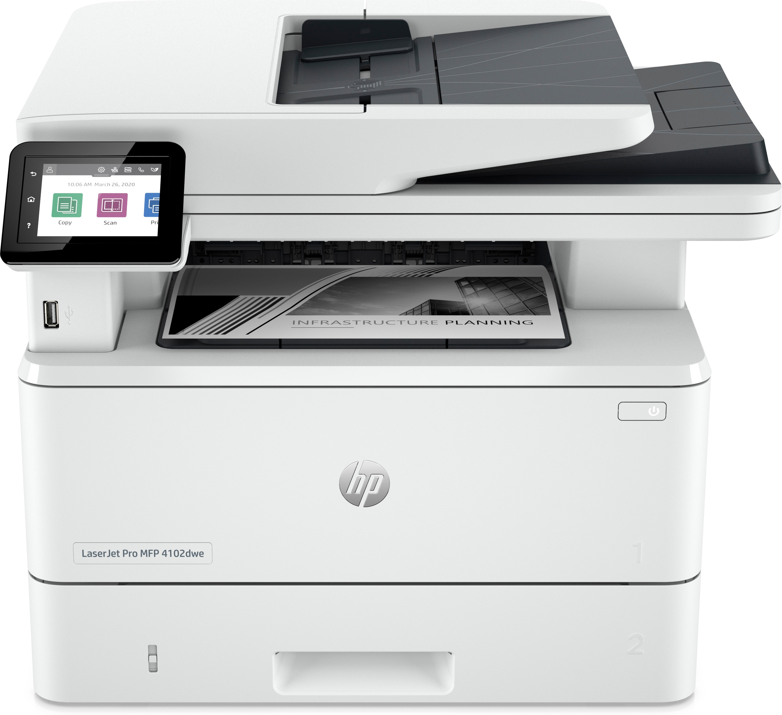 HP LaserJet Pro HP LaserJet Pro MFP 4102dwe printer, Printer Kleine en middelgrote ondernemingen, Printen, kopiëren, scannen, Printen via USB-poort aan voorzijde; Dual-band Wi-Fi; Scannen naar e-mail; Dubbelzijdig printen; Dubbelzijdig