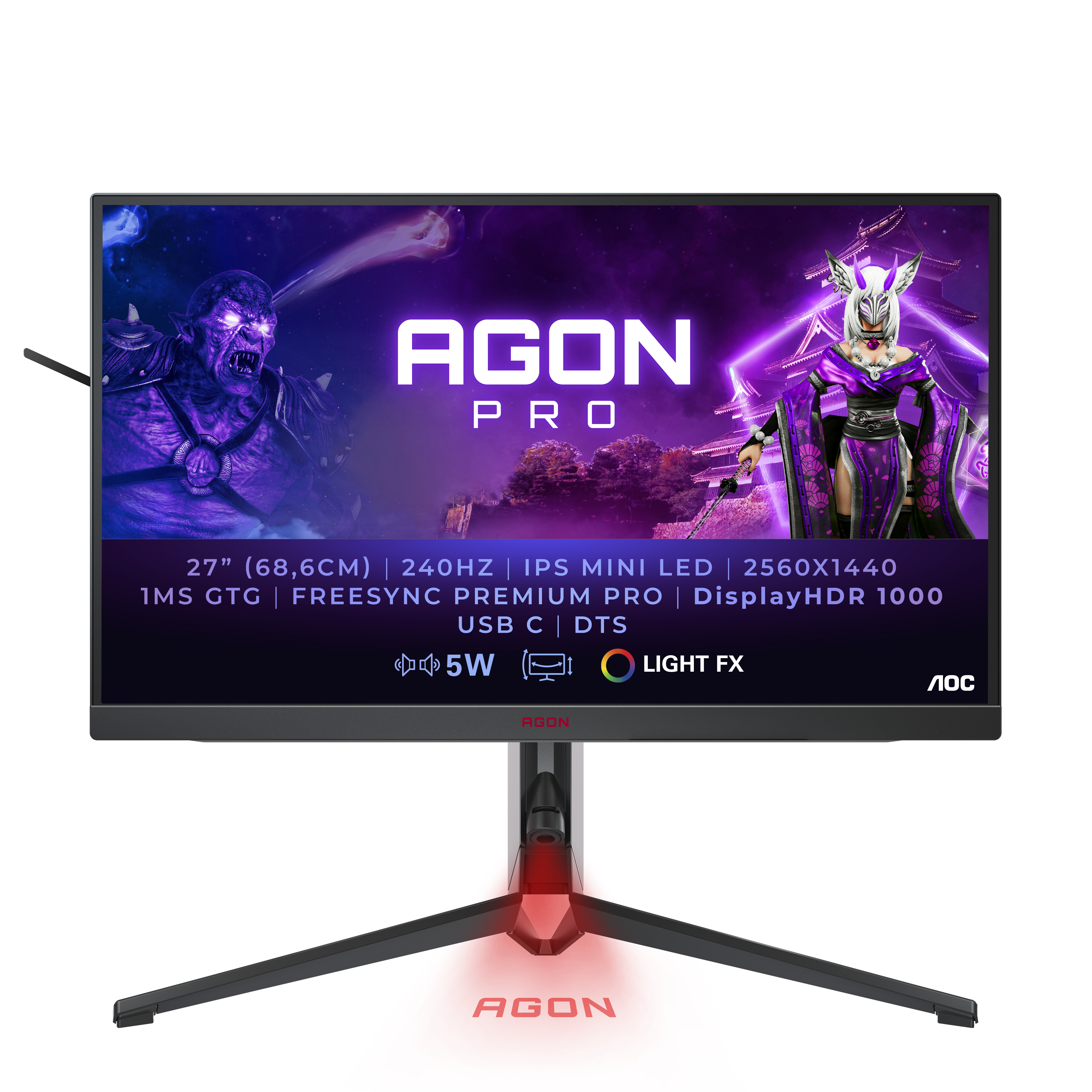 AOC Screen size (inch) 27, Panel resolution 2560x1440, Refresh rate 240 Hz,  Panel type IPS, USB-C connectivity USB-C 3.2 x 1 (DP alt mode, upstream,  power delivery up to 65 W), HDMI