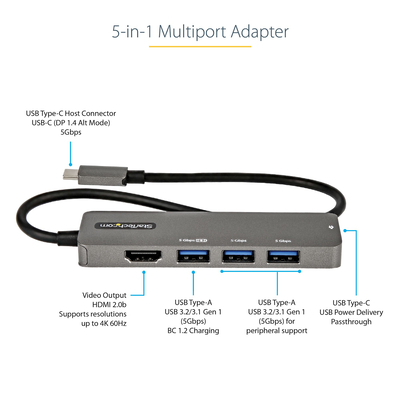 StarTech.com Adaptateur Multiport USB-C - Adaptateur USB-C vers HDMI 2.0b  4K 60Hz (HDR10), Alimentation 100W PT, Hub 4 Ports USB 3.0 - Mini Dock USB  Type-C - Câble Intégré 30cm (DKT30CHPD3) 
