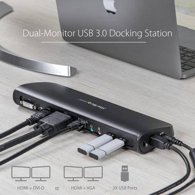 StarTech.com Mini station d'accueil USB 3.0 universelle pour ordinateur  portable avec HDMI ou VGA, Gigabit Ethernet, USB 3.0